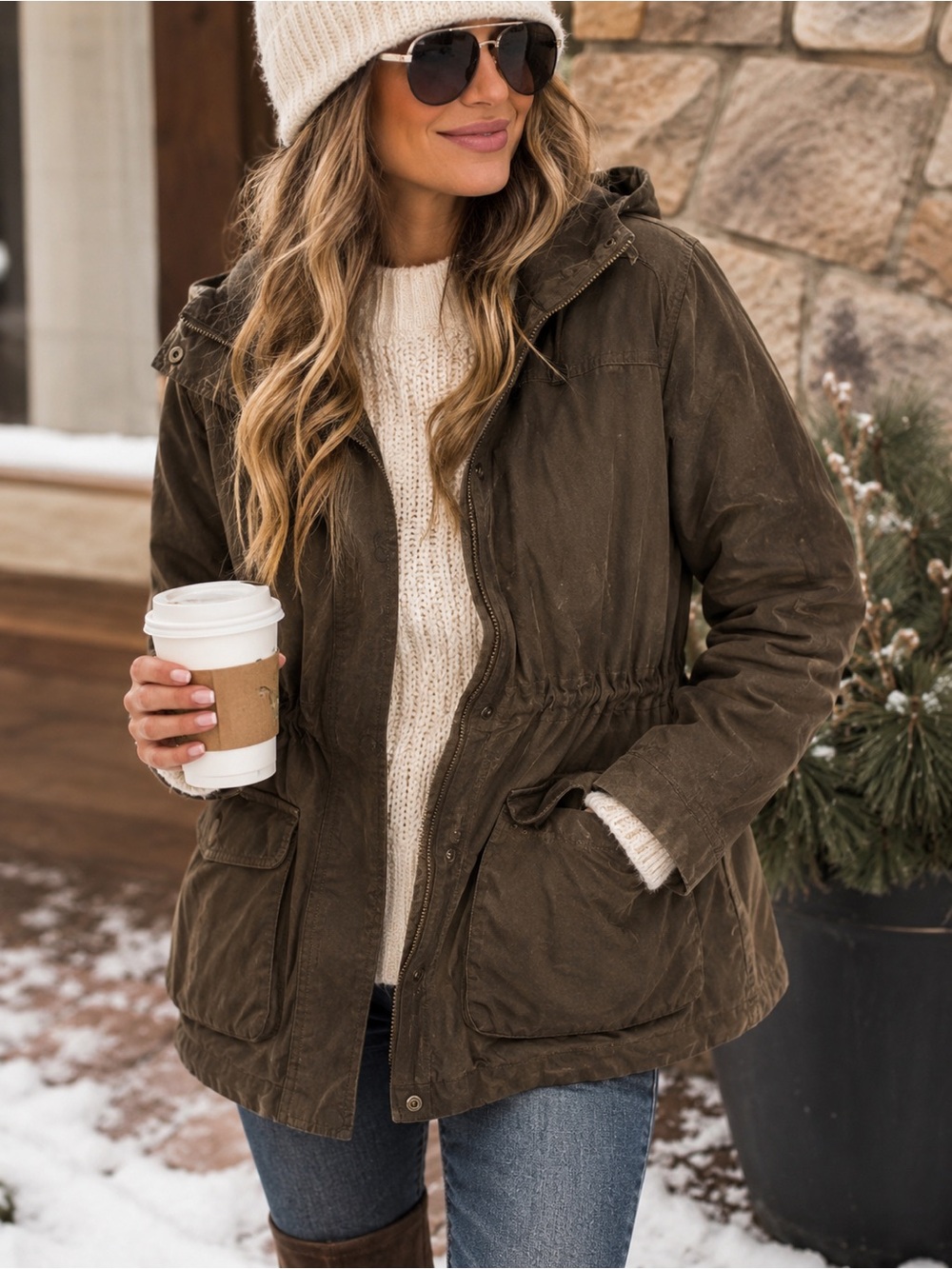 Old Navy Women’s Large Brown Utility Field Jacket Hooded Parka